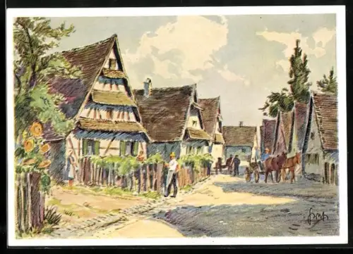 Künstler-AK Scheibenhardt / Pfalz, Ortsansicht mit Fachwerkhäusern, 