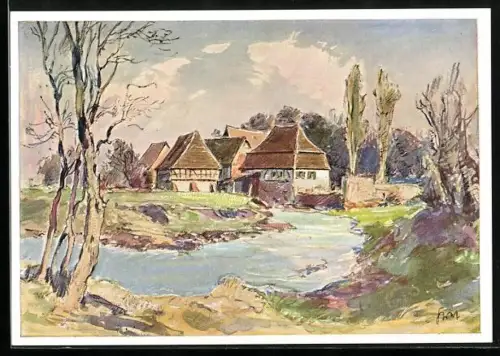 Künstler-AK Berg / Pfalz, Alte Mühle an der Lauter, 