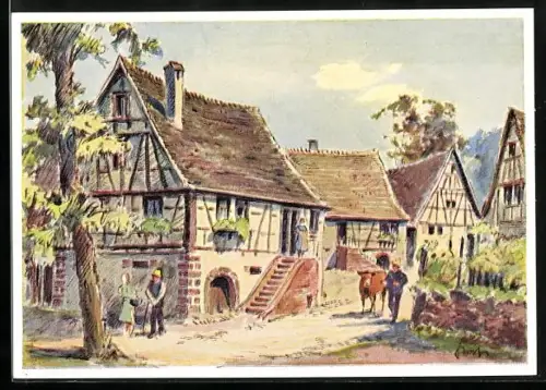 Künstler-AK Schlettenbach, Fachwerkhäuser, 