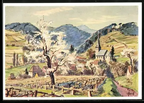 Künstler-AK Rechtenbach / Pfalz, Blühende Mandelbäume, 