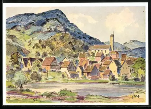 Künstler-AK Schönau / Wasgau, Ortsansicht mit Kirche, 