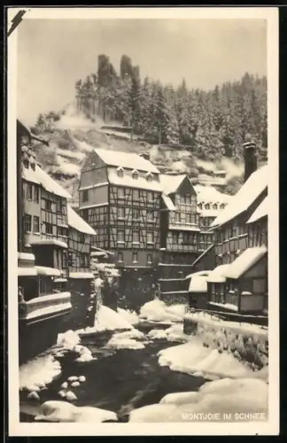 AK Monschau, Fachwerkhäuser im Schnee