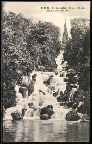 AK Berlin, Wasserfall und National-Denkmal am Kreuzberg