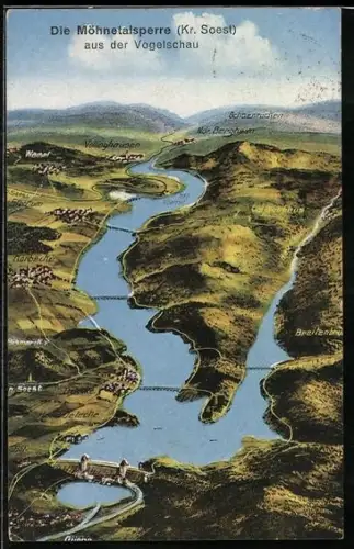 AK Möhnesee /Soest, Möhnetalsperre aus der Vogelschau