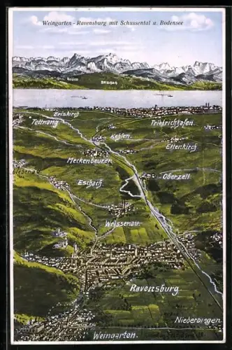 AK Weingarten / Württ., Schussental, Bodensee, Übersicht mit Friedrichshafen, Meckenbeuren, Tettnang