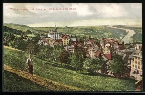 AK Walzenhausen, Ortsansicht mit Blick auf den Bodensee und den Rhein