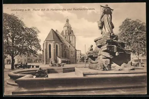 AK Landsberg / Gorzow Wlkp, Markt mit St. Marienkirche und Pauckschbrunnen