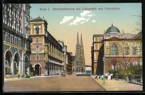 AK Wien, Universität, Reichsrathstrasse und Votivkirche
