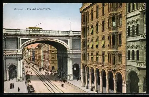 AK Genova, Via XX Settembre, Strassenbahn, Pferdekutsche