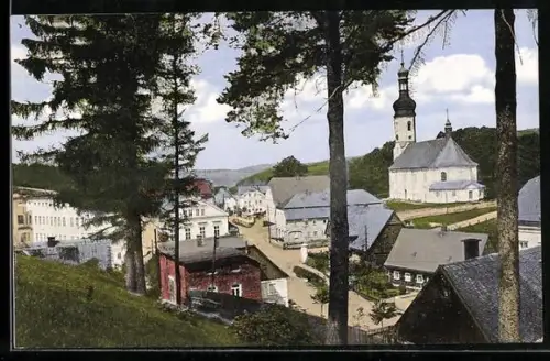 AK Zeidler i. B., Blick vom Waldrand zur Kirche am Ortsrand