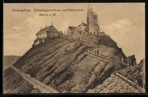 Künstler-AK Riesengebirge, Schneekoppenhäuser und Wetterwarte