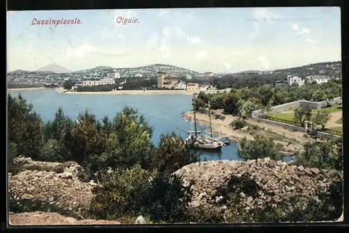 AK Lussinpiccolo-Cigale, Ortsansicht mit Hafen aus der Vogelschau
