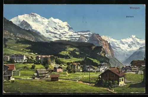 AK Wengen, Ortsansicht mit Jungfrau und Breithorn