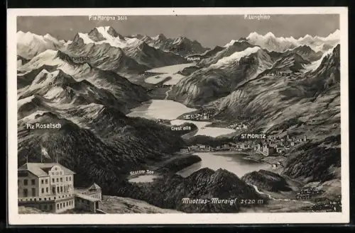Künstler-AK Muottas-Muraigl, Panorama mit Hotel, Piz Rosatsch, St. Moritz und Piz Alban
