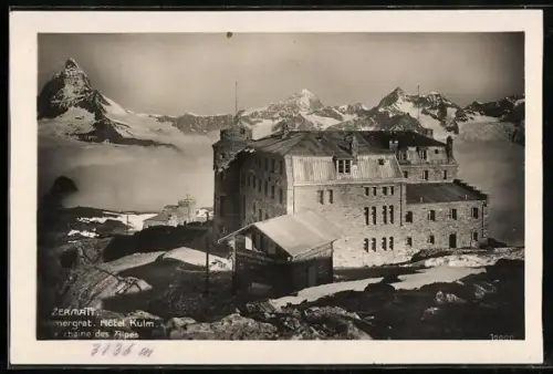 AK Zermatt, Hotel Kulm, Gornergrat et la chaîne des Alpes