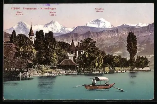 AK Hilterfingen /Thunersee, Uferpartie mit Eiger, Mönch und Jungfrau