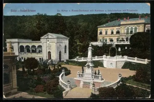 AK Bilin / Bilina, Dr.Ritter v. Reuss-Denkmal mit Kurhaus u. Inhalatorium mit Trinkhalle