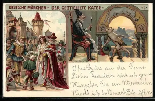 Lithographie Märchen Der gestiefelte Kater, Szene mit Königspaar und Zauberer
