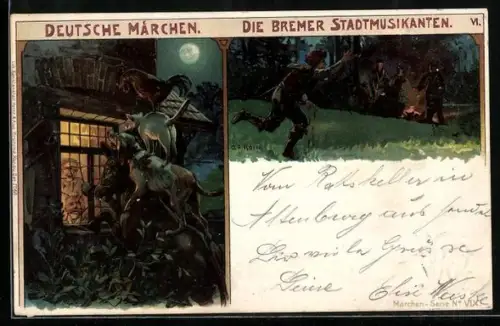 Lithographie Deutsche Märchen, Die Bremer Stadtmusikanten