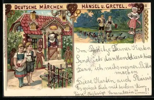 Lithographie Hänsel und Gretel bei den Enten, laufen weg vom Lebkuchenhaus
