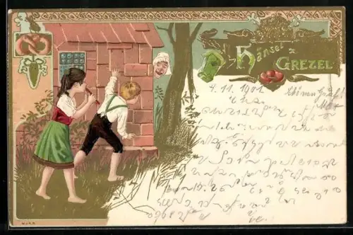 AK Hänsel und Gretel entdecken das Haus der Hexe, Märchen