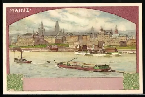 Künstler-AK Franz Hein: Mainz, Flusspartie mit Ortsansicht
