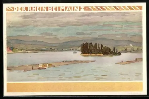Lithographie Mainz, Inseln im Rhein