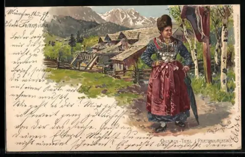 Künstler-AK Fritz Bergen: Loisach-Thal, Flurkreuz und Frau in Tracht im Vordergrund