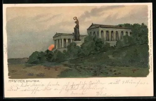 Künstler-AK München, Bavaria im Abendrot