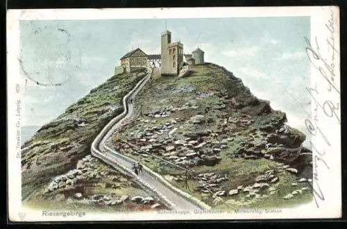 Lithographie Schneekoppe, Gipfelhäuser und Meteorol. Statiuon