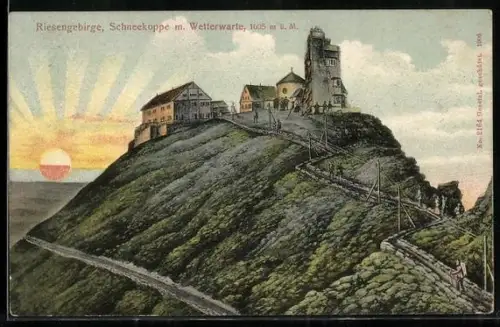 AK Schneekoppenhäuser /Riesengebirge, Berghütten mit Wetterwarte