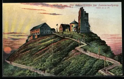 AK Schneekoppe, Ansicht mit den Schneekoppenhäusern 1605m bei Sonnenaufgang