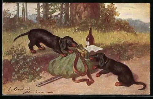 AK Zwei Dackel beschnuppern erlegten Hasen im Sack