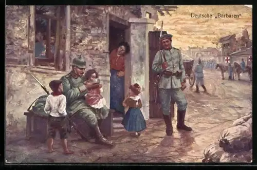 AK Soldat teilt sein Mittagessen mit einem kleinen Mädchen, Deutsche Besetzung, Rotes Kreuz