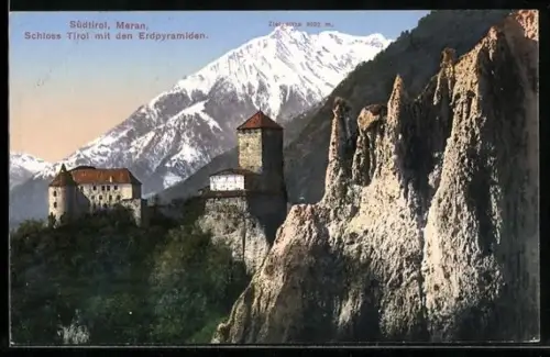 AK Meran, Schloss Tirol mit den Erdpyramiden
