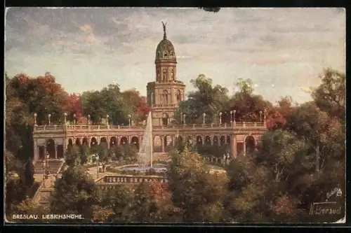 Künstler-AK Breslau, Liebichshöhe mit Fontäne