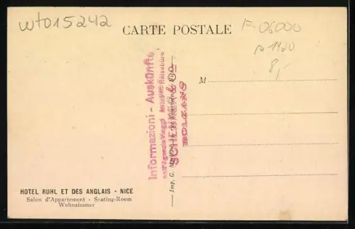 AK Nice, Hotel Ruhl et des Anglais, Salon d'Appartment
