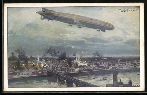 Künstler-AK Hans Rudolf Schulze: Warschau, das Zeppelin Schütte-Lanz bombardiert die Stadt