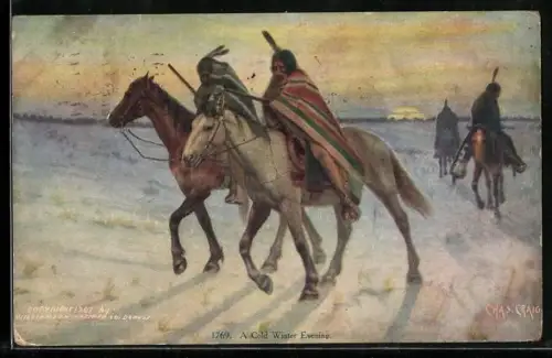 Künstler-AK A Cold Winter Evening, Indianer zu Ross