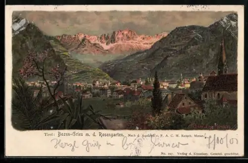Künstler-AK F.A.C.M. Reisch: Bozen-Gries mit dem Rosengarten im Abendrot