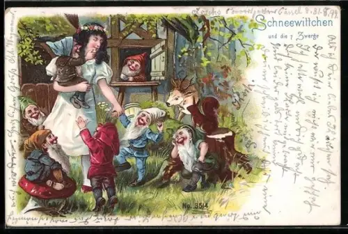 Lithographie Schneewittchen und die 7 Zwerge im Garten mit Reh und Eichhörnchen