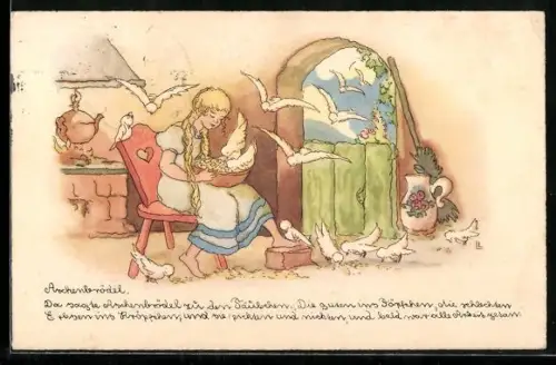 Künstler-AK Liesel Lauterborn: Tauben helfen Aschenbrödel beim Sortieren der Linsen