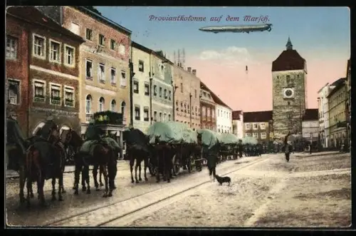AK Proviantkolonne auf dem Marsch und Zeppelin in der Luft