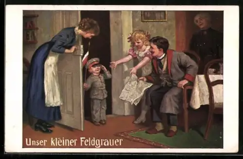 AK Kleiner Soldat in Feldgrau in der Tür