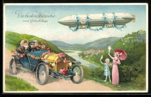 AK Pfingstgrüsse mit geschmücktem Zeppelin und rezentem Automobil