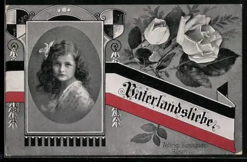 AK Vaterlandsliebe, Blumensprache, Mädchen - Portrait mit Rosen und Reichsfahne