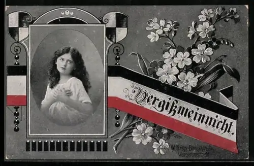 AK Vergissmeinnicht mit Reichsfahne und Frauenporträt, Blumensprache