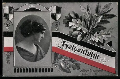AK Weltkriegs-Blumensprache Eichenlaub und Lorbeer, Soldatenfrau, Heldenlohn, Wappen