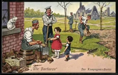 Künstler-AK Arthur Thiele: Wir Barbaren, Französische Kinder beim Kompagnieschuster