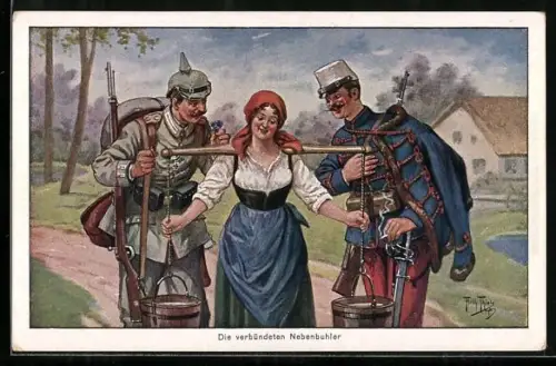 Künstler-AK A. Thiele: Deutscher Soldat und Franzose mit Wasserträgerin, die verbündenten Nebenbuhler